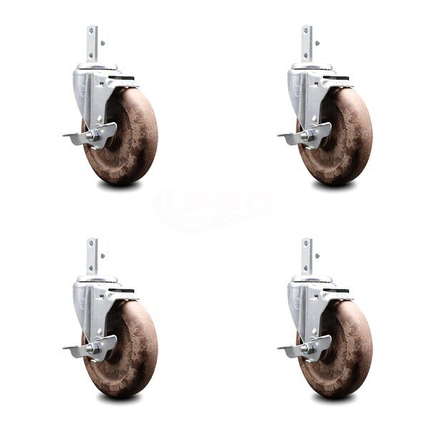 5 Inch High Temp Glass Filled Nylon 7/8 Inch Square Stem Caster Set with Brake